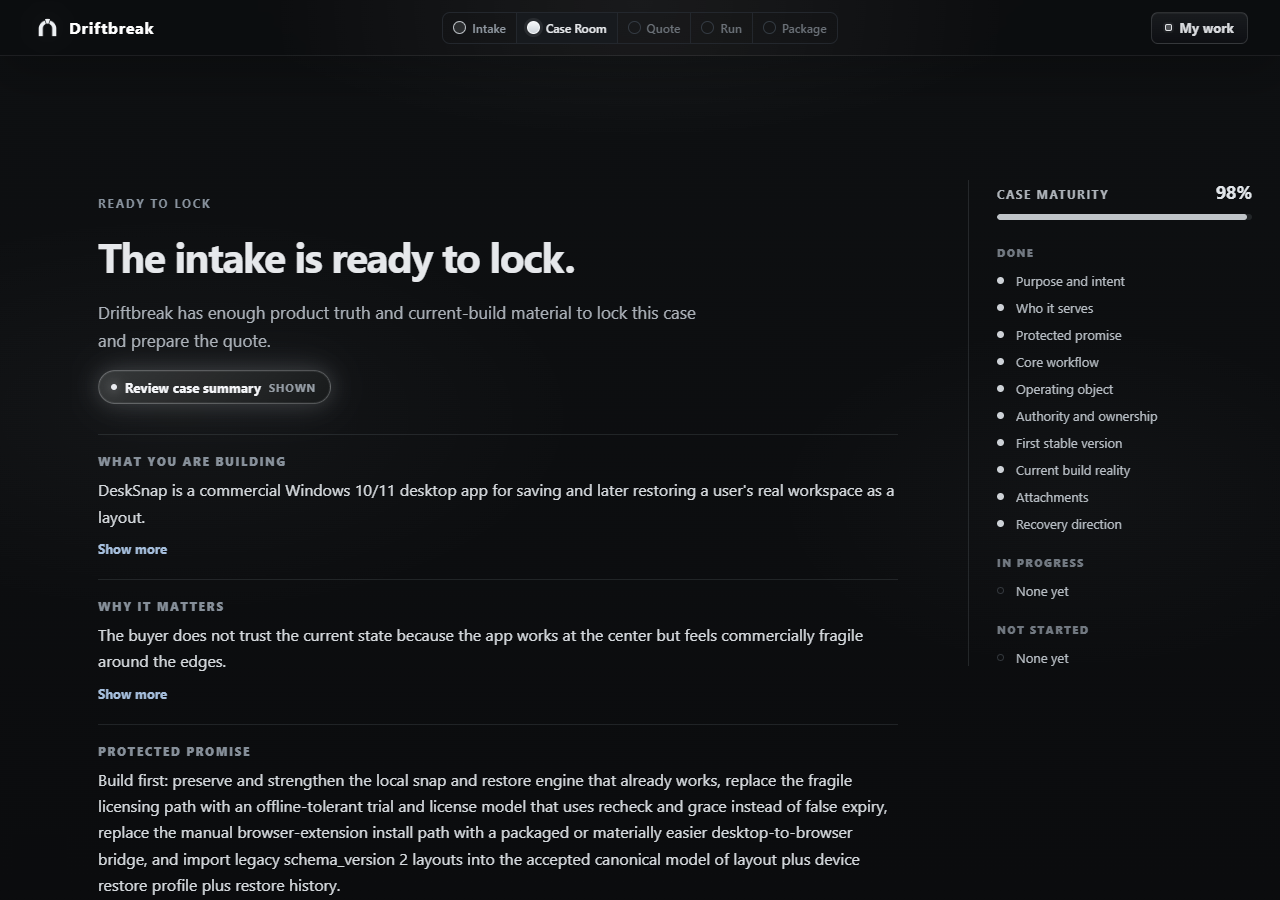 Locked DeskSnap recovery summary showing the confirmed product center and implementation direction.